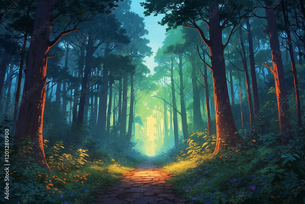 Fototapeta premium Enchanted forest at twilight, vibrant sky colors, glowing rays through leaves, soft mist atmosphere in anime style