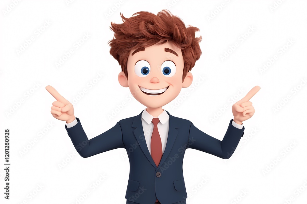 A cheerful animated character in a suit showcases excitement and professionalism in a bright business environment. A cheerful animated character in a suit showcases excitement and professionalism in a bright business environment.