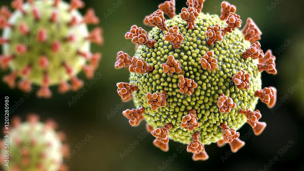 Virus structure under microscopic view showcases spiky proteins and surface details during health analysis