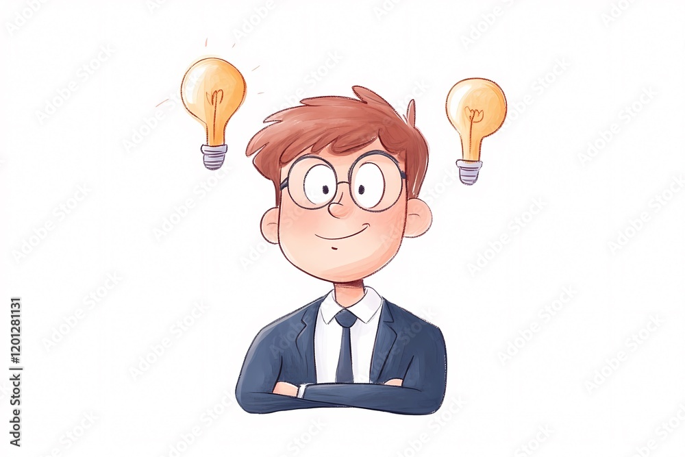 A confident character surrounded by light bulbs embodies creativity and innovative thinking. A confident character surrounded by light bulbs embodies creativity and innovative thinking.