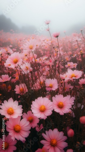Vibrant wildflowers bloom in a vast field under soft sunlight during springtime