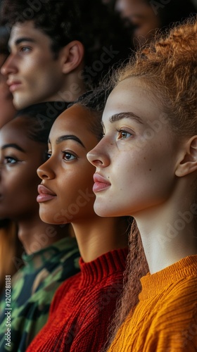 Group of diverse individuals in colorful sweaters posing in a thoughtful mann...
