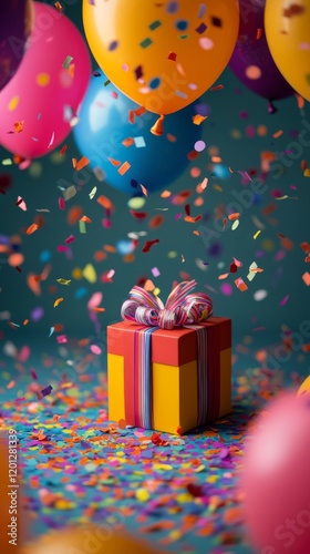 Colorful balloons float above a vibrant gift box amidst falling confetti duri...