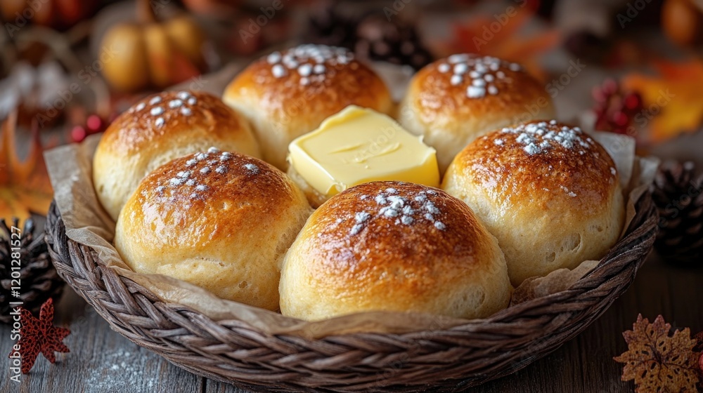 Freshly baked rolls wrapped in butter and placed in a wicker basket Freshly baked rolls wrapped in butter and placed in a wicker basket