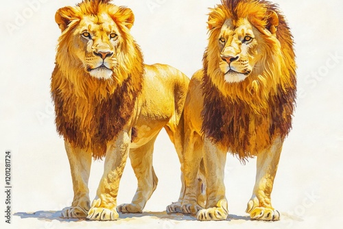 Two majestic lions standing proudly in the wild, showcasing their impressive ...