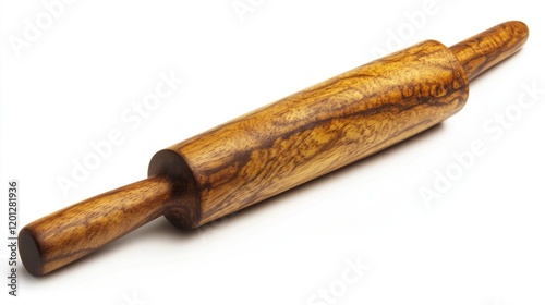 A wooden rolling pin placed on a clean and plain white surface, ready for use in cooking or baking