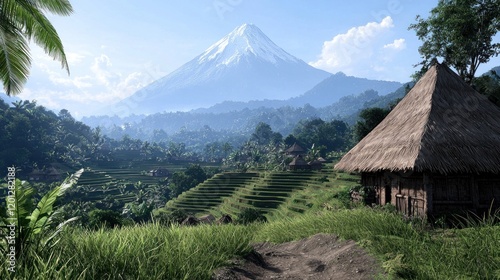 Serene Tropical Village with Volcano