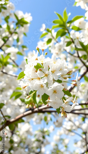 White flowers on a blossom cherry tree with soft background of green spring leaves and blue sky, 8k unreal engine photorealism