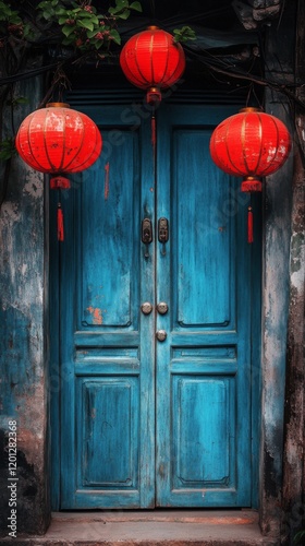 Vibrant blue door adorned with red lanterns in a historic alleyway during eve...