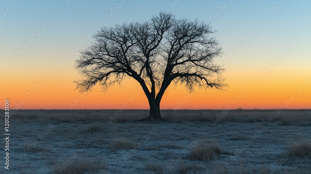 Silhouette of a Tree at Sunset:  A lone, stark tree stands as a silhouette against a stunning, fiery sunset, the sky ablaze with hues of orange, pink, and purple.
