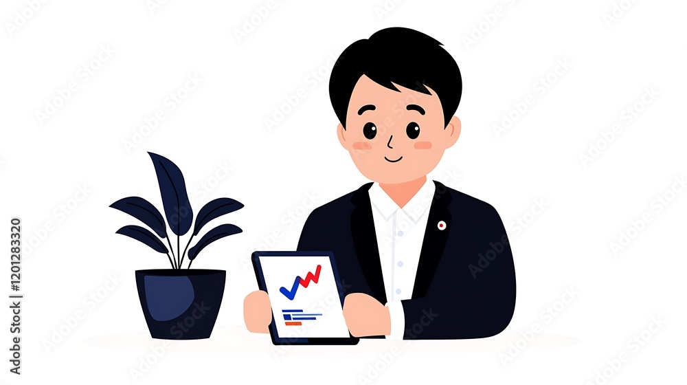 Smiling businessman reviewing documents on tablet at office desk Smiling businessman reviewing documents on tablet at office desk