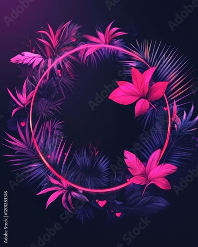 Glowing neon leaves round frame on dark background, modern design vacation party banner