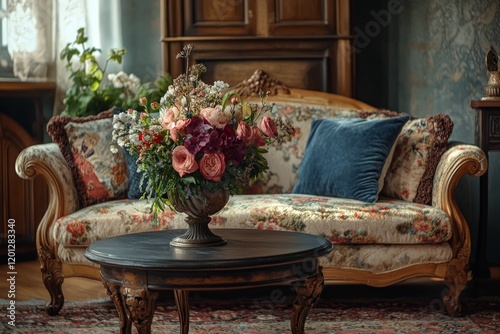 Cozy living room with floral arrangement on coffee table in vintage style