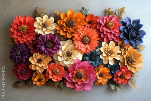 Colorful floral wall decoration featuring assorted paper flowers in vibrant s...