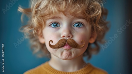 Boy playing with fake moustache. Happy April Fools' Day and funny fake moustache pranks. Kid having fun and playing.