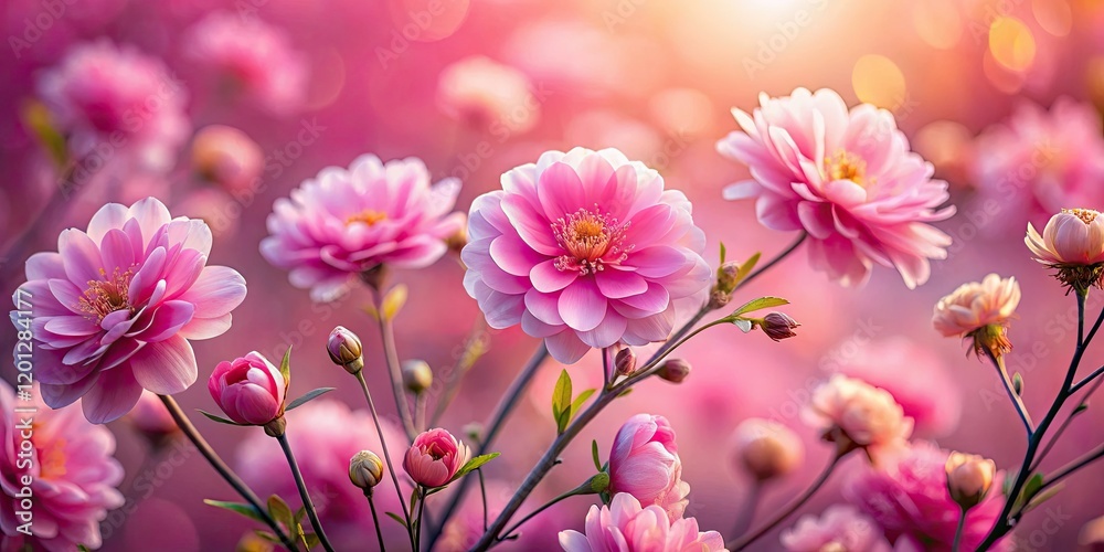 Obraz premium A miniature fairy garden thrives amidst blooming pink flowers, bathed in soft, tilt-shift focus and a serene gradient.