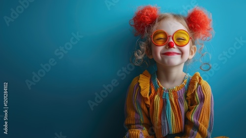A little girl in a clown costume celebrates April Fools' Day. A child girl in a bright holiday costume with a smile on her face. A little clown.