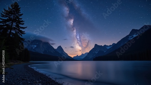 Beneath a star-studded, dark blue sky, a tranquil lake mirrors an awe-inspiring mountain range. The Milky Way arcs majestically overhead photo