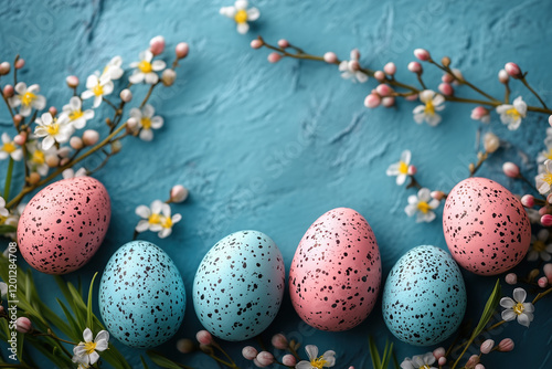 Decorative eggs in pink and blue with tiny black speckles surrounded by delicate floral accents
 photo