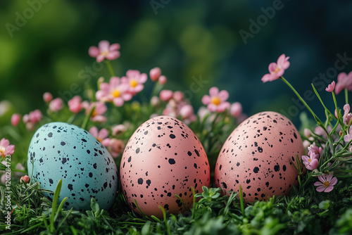 Vibrant Easter composition featuring speckled eggs, flowers, and rich greenery
 photo