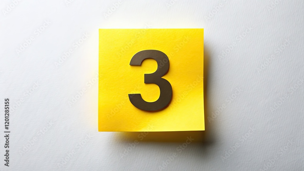 A realistic yellow sticky note, number 3, casts a soft shadow against a white background, adhering to the rule of thirds.