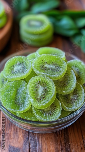 Freshly sliced kiwis arranged in a bowl surrounded by lush green leaves