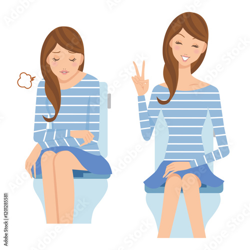 トイレに座って便秘の女性とスキッキりな表情の女性