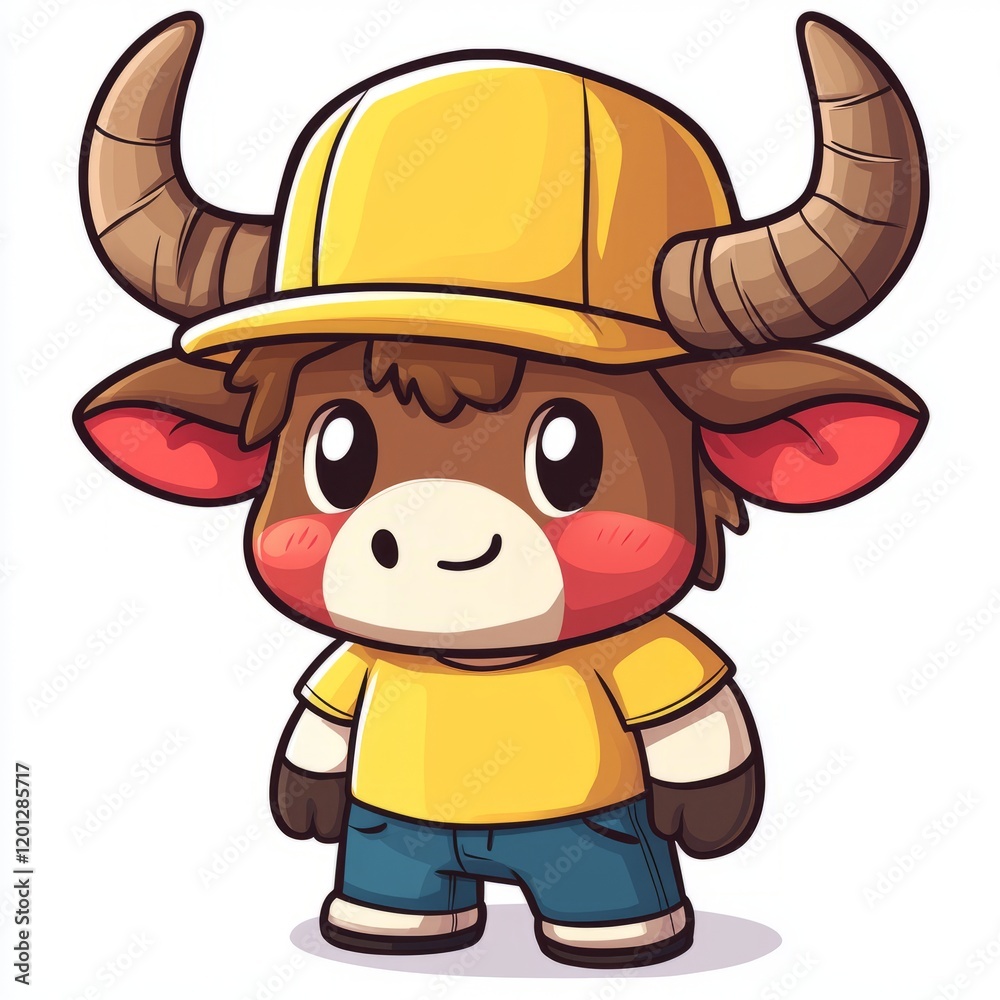 Naklejka premium Adorable Cartoon Buffalo Wearing Yellow Outfit