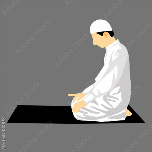 Illustration of a Person in White Attire Praying on a Gray Background