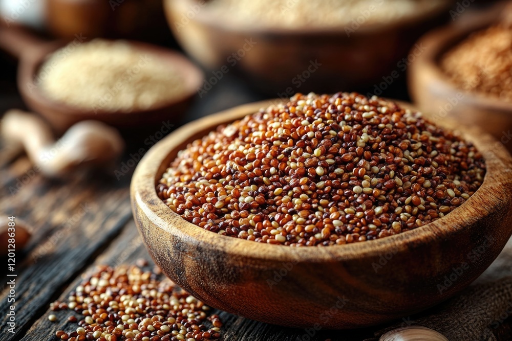 A wooden bowl filled with various seeds and nuts, perfect for snacking or decorating A wooden bowl filled with various seeds and nuts, perfect for snacking or decorating