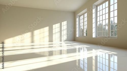 Sunlit empty room with large windows and shiny floor.