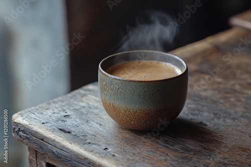 Warm cup of coffee on a rustic wooden table in a cozy environment with soft l...