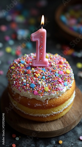 Colorful one-year birthday cake with sprinkles and candle on top in festive s...
