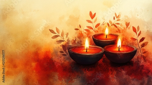 Diya lamp for Diwali fire festival in watercolor style. Watercolor lit diya lamps. Makar Sankranti, Pongal. Vertical image.