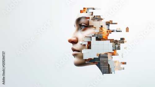 A creative portrait of a woman's face, blending with abstract elements and urban imagery, symbolizing innovation and digital transformation.