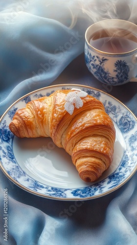 Enjoying a warm croissant with tea on a cozy morning in a sunlit kitchen