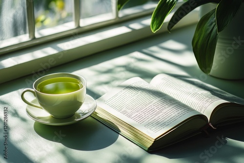 Warm cup of green tea alongside an open book on a rustic table