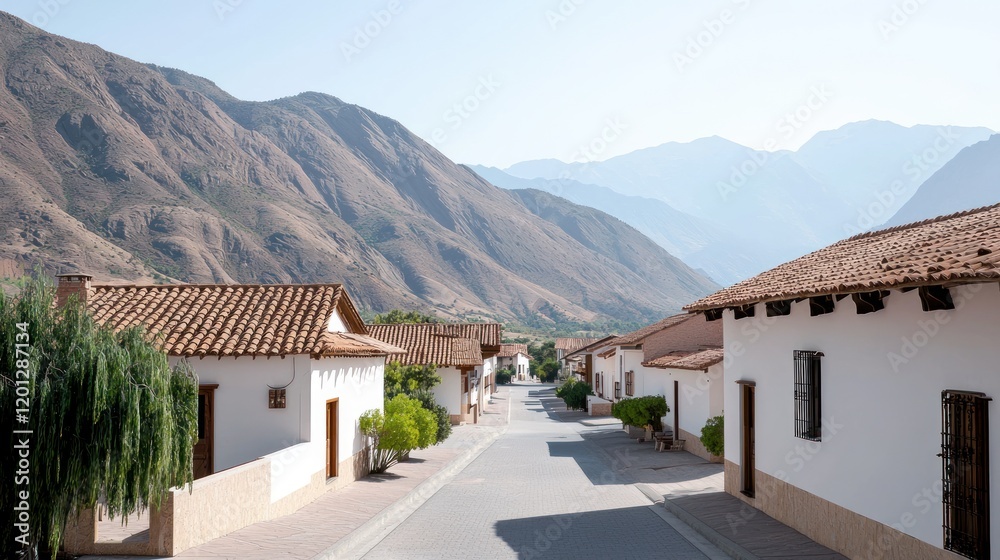 Fototapeta premium Scenic view of a quiet village nestled among mountains.