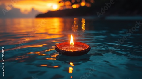 Diya oil lamp floating in water on sunset background. Burning diya lamp in water on beautiful background. Diwali, Makar Sankranti, Pongal.