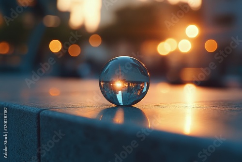Reflection of warm sunlight captured in a clear glass orb on a wet surface du...