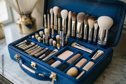 Collection of professional makeup brushes neatly arranged in a blue case for ...