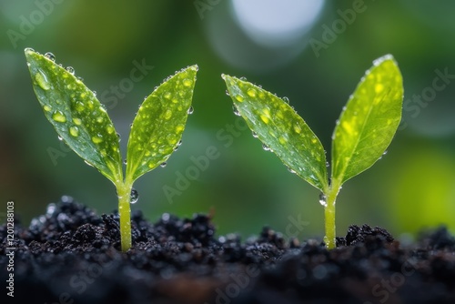 Young plants growing in rich soil under bright sunlight in a lush garden