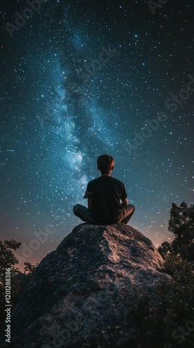 Observing the night sky from a rocky outcrop under a star-filled atmosphere