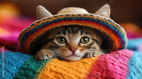 Cute cat in Mexican sombrero hat. Kitten in Mexican clothes.