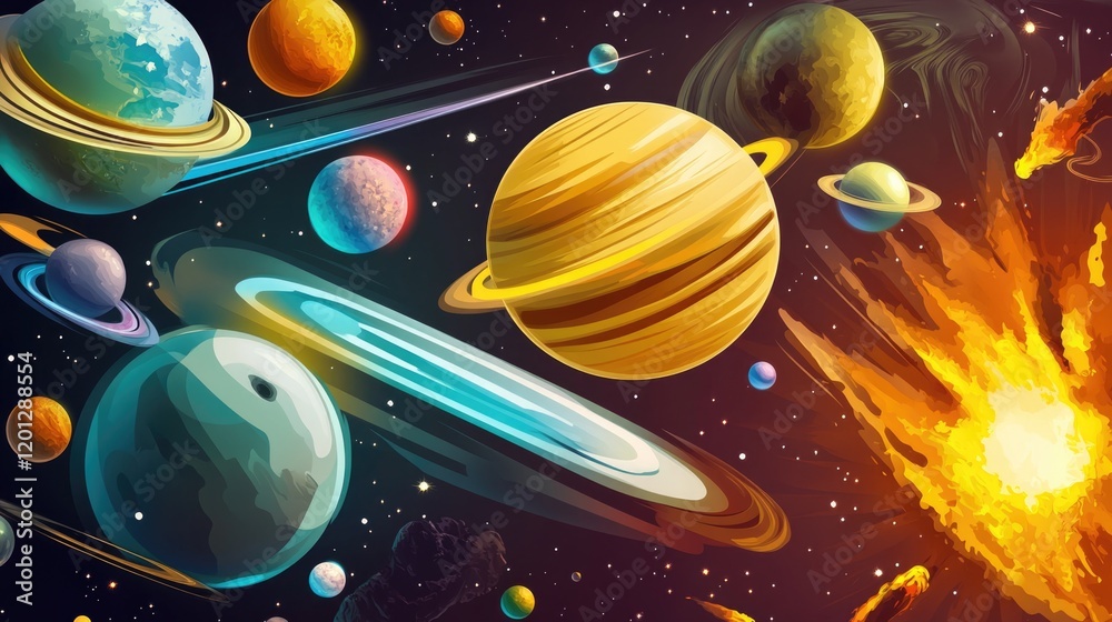 Fototapeta premium Group of planets aligned in the sky with a shining star in the background