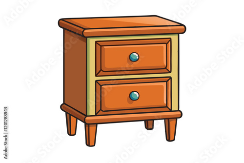 Compact wood nightstand featuring two drawers with teal handles, ideal for bedroom storage and modern home decor