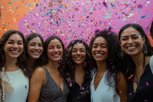 Friends celebrating together with colorful confetti at an indoor gathering du...