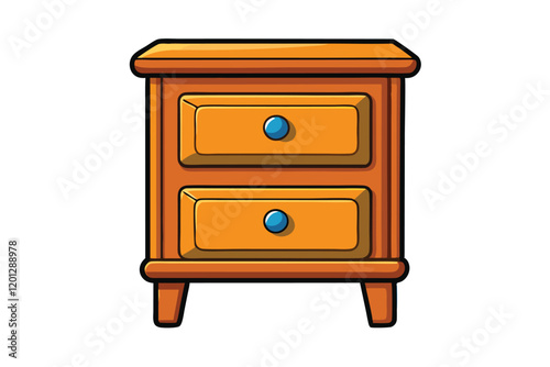Wooden nightstand with two drawers and blue handles, a simple and stylish furniture piece perfect for bedroom decor
