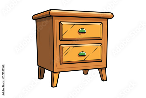 Classic wooden nightstand with two drawers and green handles, offering functional and aesthetic appeal for bedroom storage