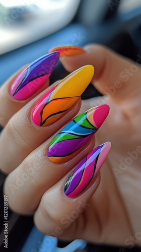 Vibrant multicolored nail art showcasing a creative design with bright hues o...